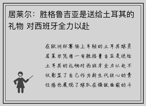 居莱尔：胜格鲁吉亚是送给土耳其的礼物 对西班牙全力以赴
